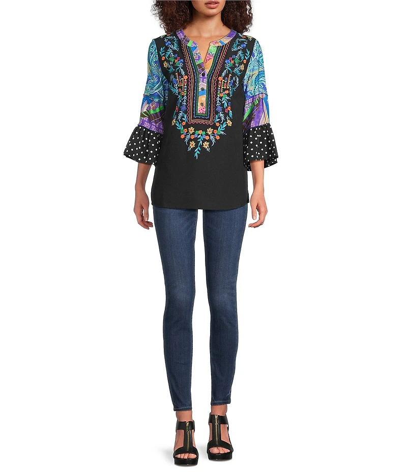 Calessa Petite Size Embroidered Patchwork Split V-Neck 3/4 Polka Dot Print Sleeve Tunic