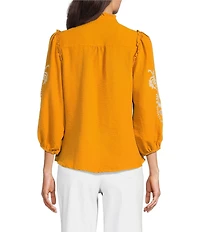 Calessa Petite Size Embroidered Placement Print Ruffle Split V-Neck 3/4 Sleeve Button Front Tunic