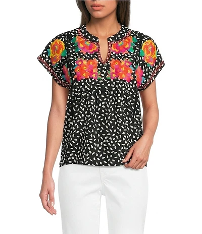 Calessa Petite Size Embroidered Polka Dot Floral Split V-Neck Cap Sleeve Blouse