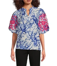 Calessa Petite Size Embroidered Printed Ruffled Split V-Neck Elbow Length Sleeve Tunic