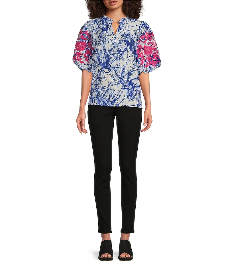 Calessa Petite Size Embroidered Printed Ruffled Split V-Neck Elbow Length Sleeve Tunic