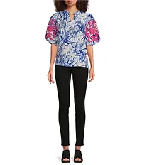 Calessa Petite Size Embroidered Printed Ruffled Split V-Neck Elbow Length Sleeve Tunic