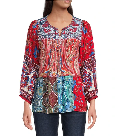 Calessa Petite Size Embroidered Printed Split V-Neck 3/4 Sleeve Tunic