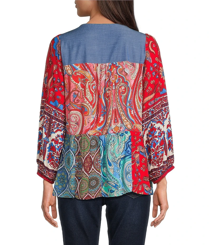 Calessa Petite Size Embroidered Printed Split V-Neck 3/4 Sleeve Tunic