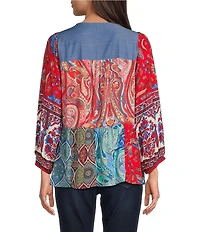 Calessa Petite Size Embroidered Printed Split V-Neck 3/4 Sleeve Tunic