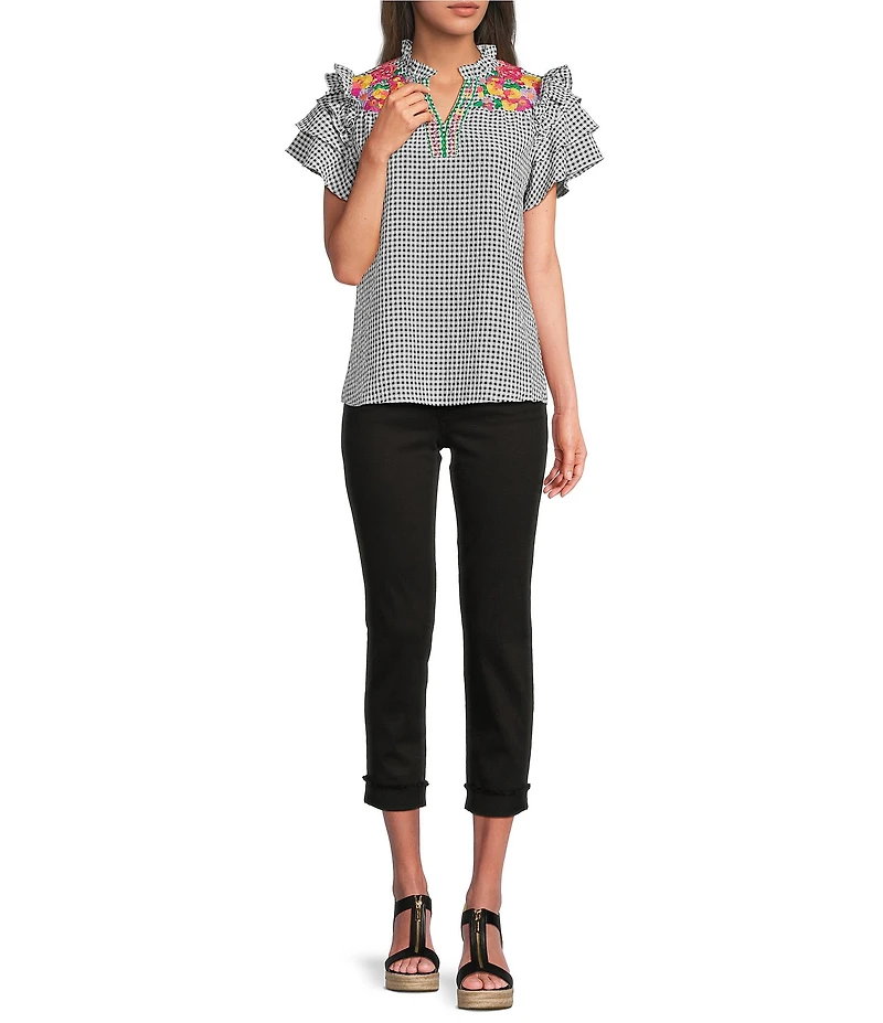 Calessa Petite Size Embroidered Printed Split V-Neck Short Sleeve Ruffle Tunic