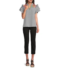 Calessa Petite Size Embroidered Printed Split V-Neck Short Sleeve Ruffle Tunic