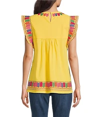 Calessa Petite Size Embroidered Round Neck Ruffle Cap Sleeve Tunic