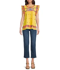 Calessa Petite Size Embroidered Round Neck Ruffle Cap Sleeve Tunic