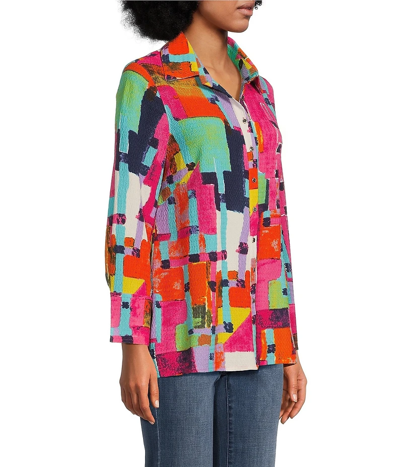 Calessa Petite Size Textured Crinkle Long Sleeve Button-Front Tunic