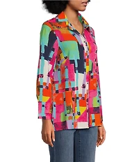 Calessa Petite Size Textured Crinkle Long Sleeve Button-Front Tunic