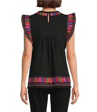 Calessa Petite Size Embroidered Round Neck Ruffled Cap Sleeve Tunic