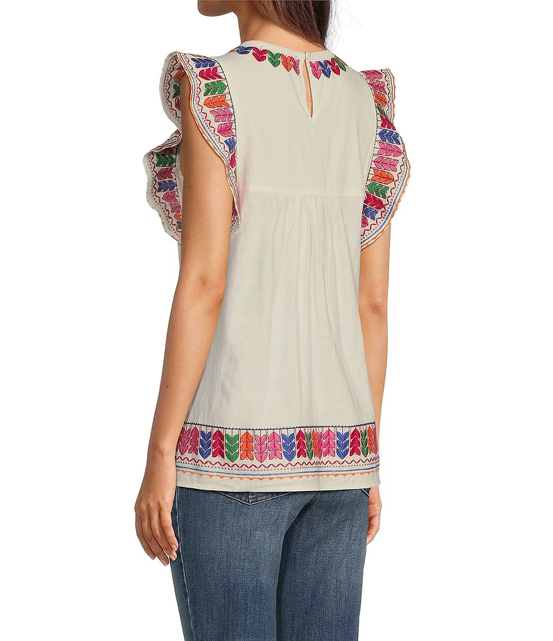 Calessa Petite Size Embroidered Round Neck Ruffled Cap Sleeve Tunic
