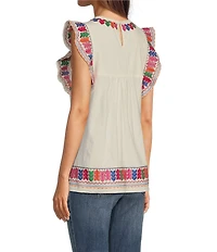 Calessa Petite Size Embroidered Round Neck Ruffled Cap Sleeve Tunic
