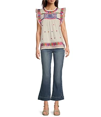 Calessa Petite Size Embroidered Round Neck Ruffled Cap Sleeve Tunic