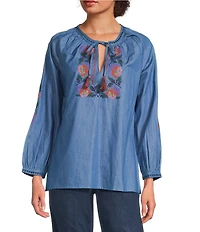 Calessa Petite Size Embroidered Tassel Tie Round Split Neck Bracelet Sleeve Tunic