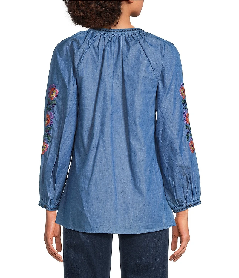 Calessa Petite Size Embroidered Tassel Tie Round Split Neck Bracelet Sleeve Tunic