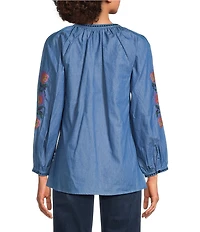 Calessa Petite Size Embroidered Tassel Tie Round Split Neck Bracelet Sleeve Tunic