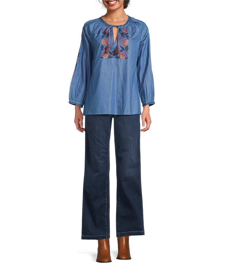 Calessa Petite Size Embroidered Tassel Tie Round Split Neck Bracelet Sleeve Tunic