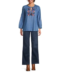 Calessa Petite Size Embroidered Tassel Tie Round Split Neck Bracelet Sleeve Tunic