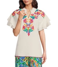 Calessa Petite Size Embroidered Ruffle Double Layer Short Sleeve Top