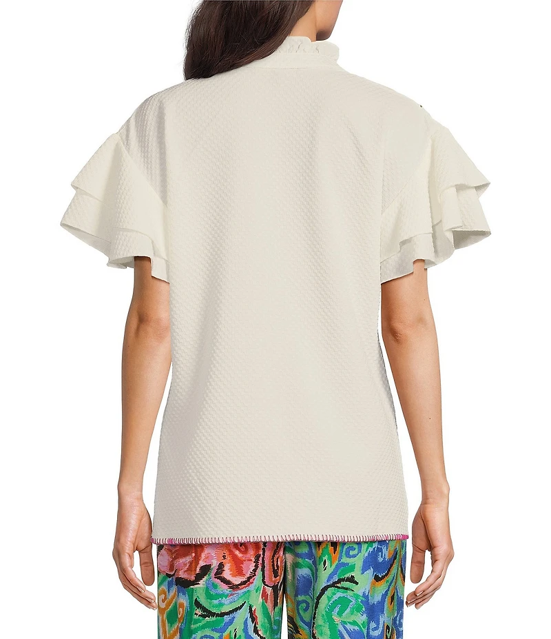 Calessa Petite Size Embroidered Ruffle Double Layer Short Sleeve Top