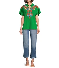 Calessa Petite Size Embroidered Ruffle Double Layer Short Sleeve Top