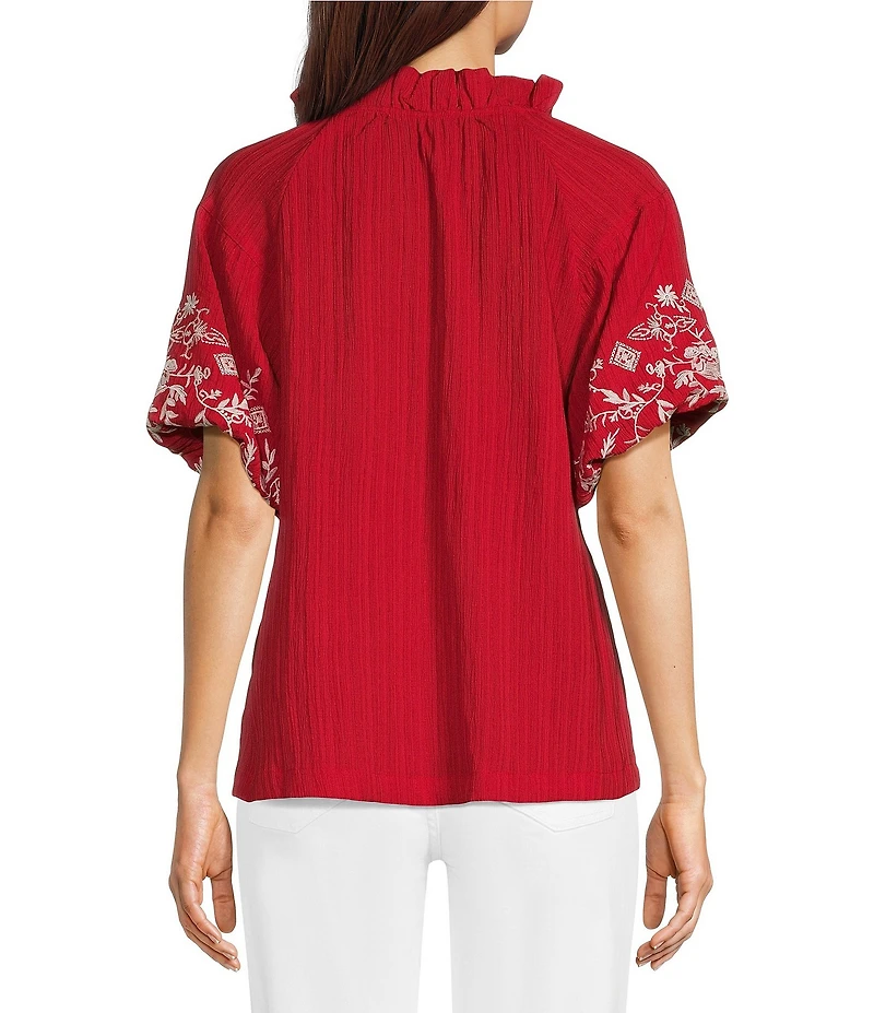 Calessa Petite Size Embroidered Ruffle Split Round Neck Short Sleeve Tunic