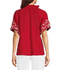 Calessa Petite Size Embroidered Ruffle Split Round Neck Short Sleeve Tunic