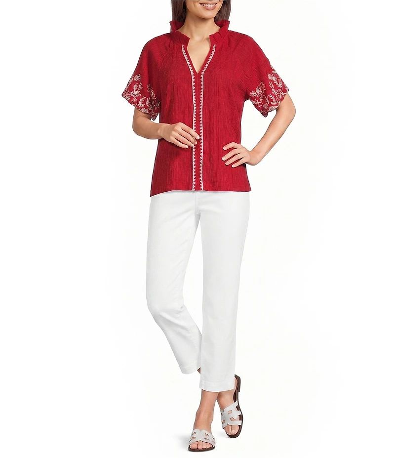 Calessa Petite Size Embroidered Ruffle Split Round Neck Short Sleeve Tunic
