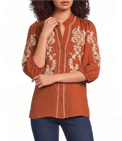 Calessa Petite Size Embroidered Ruffle Split V-Neck 3/4 Sleeve Button Front Tunic