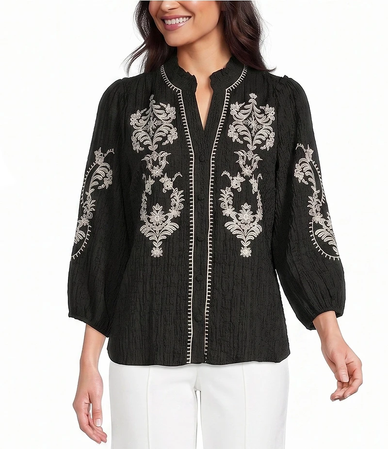 Calessa Petite Size Embroidered Ruffle Split V-Neck 3/4 Sleeve Button Front Tunic