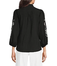 Calessa Petite Size Embroidered Ruffle Split V-Neck 3/4 Sleeve Button Front Tunic