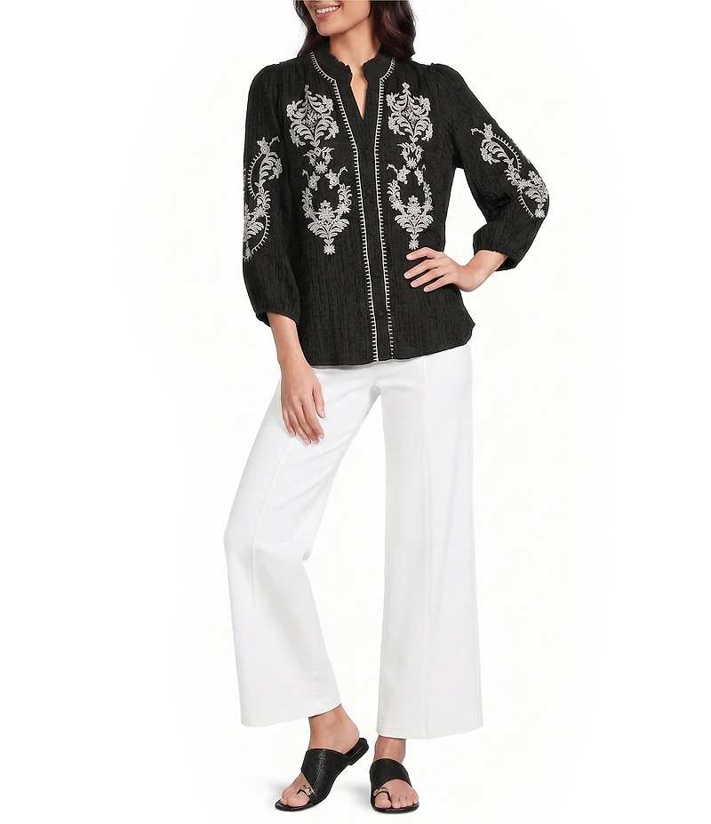 Calessa Petite Size Embroidered Ruffle Split V-Neck 3/4 Sleeve Button Front Tunic
