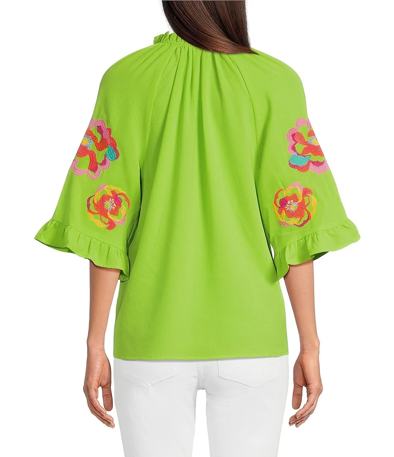 Calessa Petite Size Embroidered Ruffle Split V-Neck 3/4 Sleeve Tunic