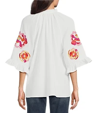 Calessa Petite Size Embroidered Ruffle Split V-Neck Elbow Sleeve Tunic