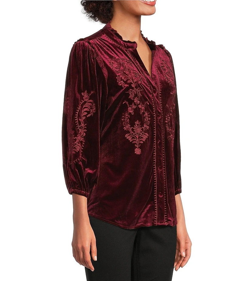 Calessa Petite Size Embroidered Ruffle Split V-Neck Long Sleeve Button Front Velvet Tunic