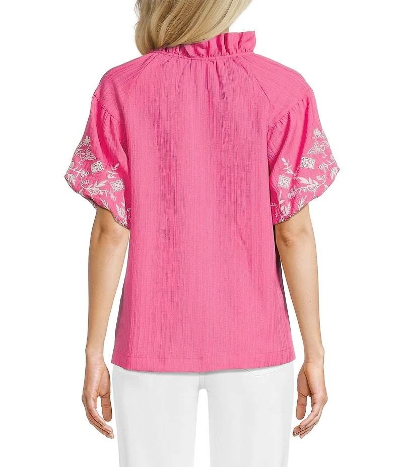 Calessa Petite Size Embroidered Ruffle Split V-Neck Short Sleeve Tunic