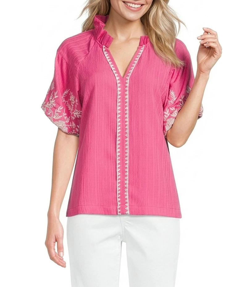 Calessa Petite Size Embroidered Ruffle Split V-Neck Short Sleeve Tunic