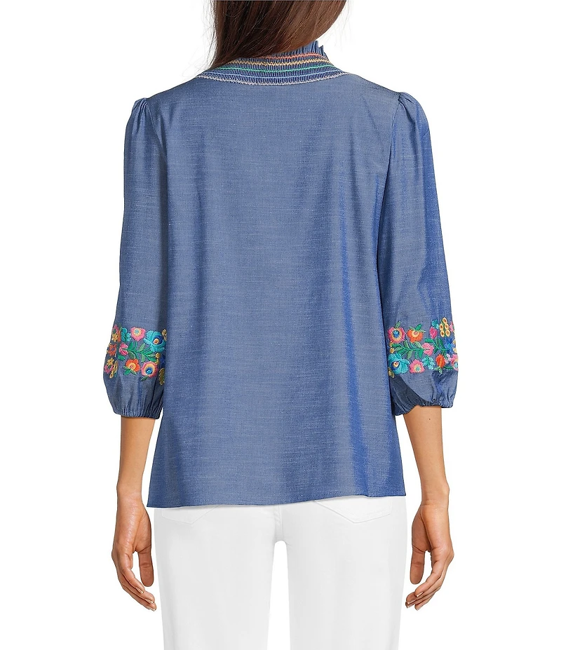 Calessa Petite Size Embroidered Ruffled Split V-Neck 3/4 Sleeve Tunic