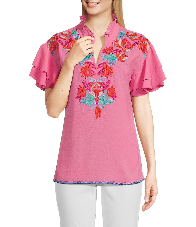 Calessa Petite Size Embroidered Ruffled V-Neck Cap Sleeve Shirttail Hem Top