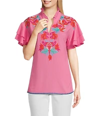 Calessa Petite Size Embroidered Ruffled V-Neck Cap Sleeve Shirttail Hem Top