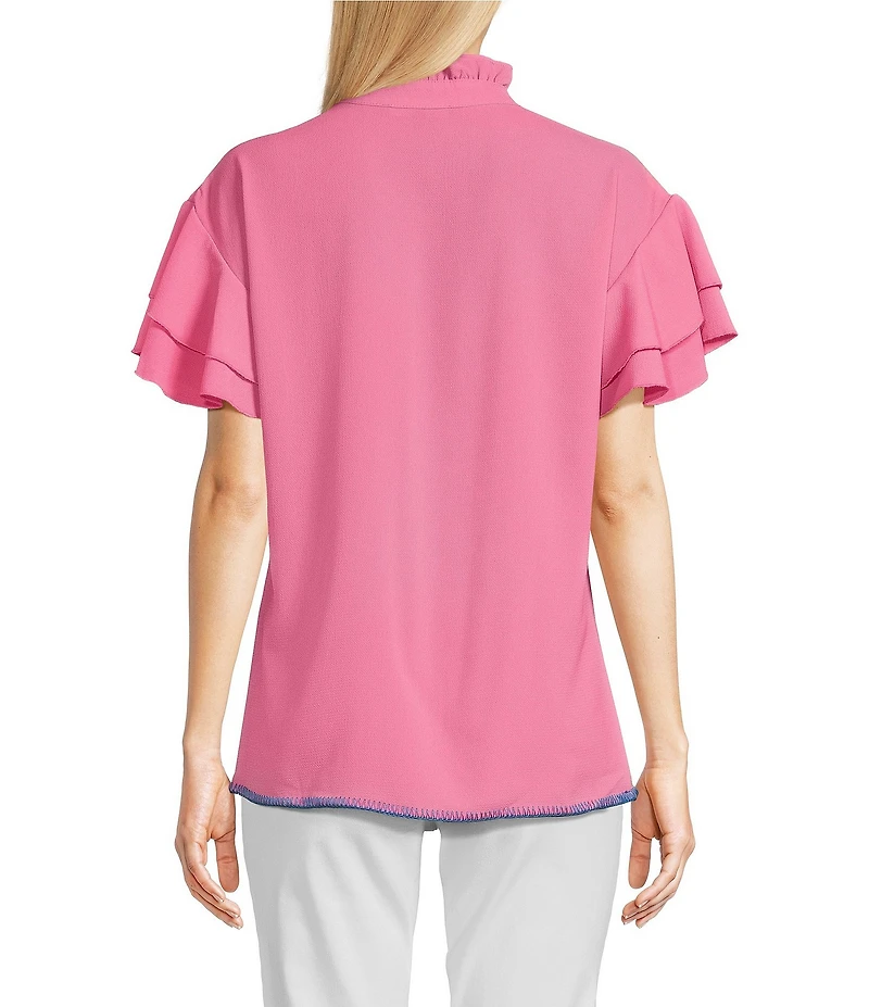 Calessa Petite Size Embroidered Ruffled V-Neck Cap Sleeve Shirttail Hem Top