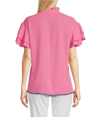 Calessa Petite Size Embroidered Ruffled V-Neck Cap Sleeve Shirttail Hem Top