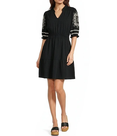 Calessa Petite Size Embroidered Sleeve Split V-Neck A-Line Dress