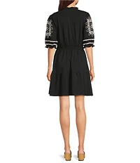 Calessa Petite Size Embroidered Sleeve Split V-Neck A-Line Dress
