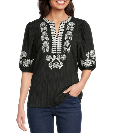 Calessa Petite Size Embroidered Split Round Neck Elbow Puff Sleeve Tunic