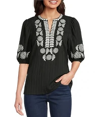 Calessa Petite Size Embroidered Split Round Neck Elbow Puff Sleeve Tunic