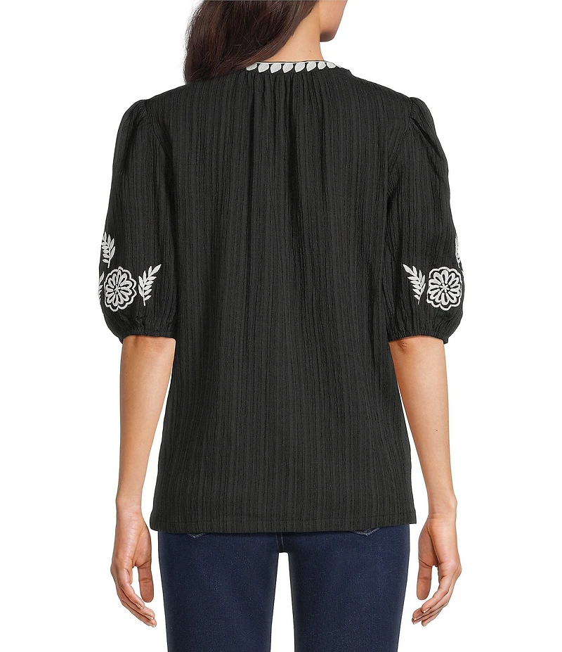 Calessa Petite Size Embroidered Split Round Neck Elbow Puff Sleeve Tunic