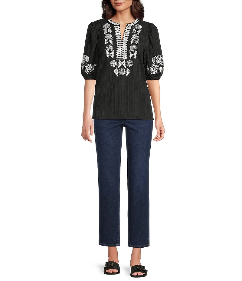 Calessa Petite Size Embroidered Split Round Neck Elbow Puff Sleeve Tunic